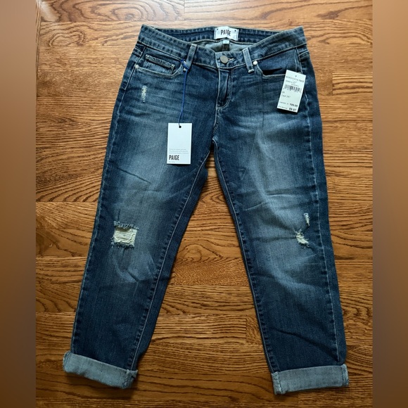 NWT PAIGE Jimmy Jimmy Crop Blue Denim Jeans Distressed Kendall Stretch 24 - Picture 1 of 9